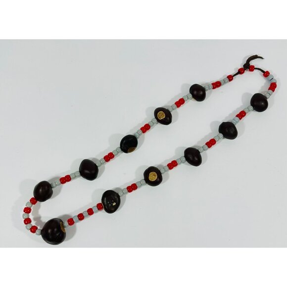 Handmade Buckeye Nut Necklace With Red & Gray Beads For Sports Fans Ohio State E - Picture 11 of 11